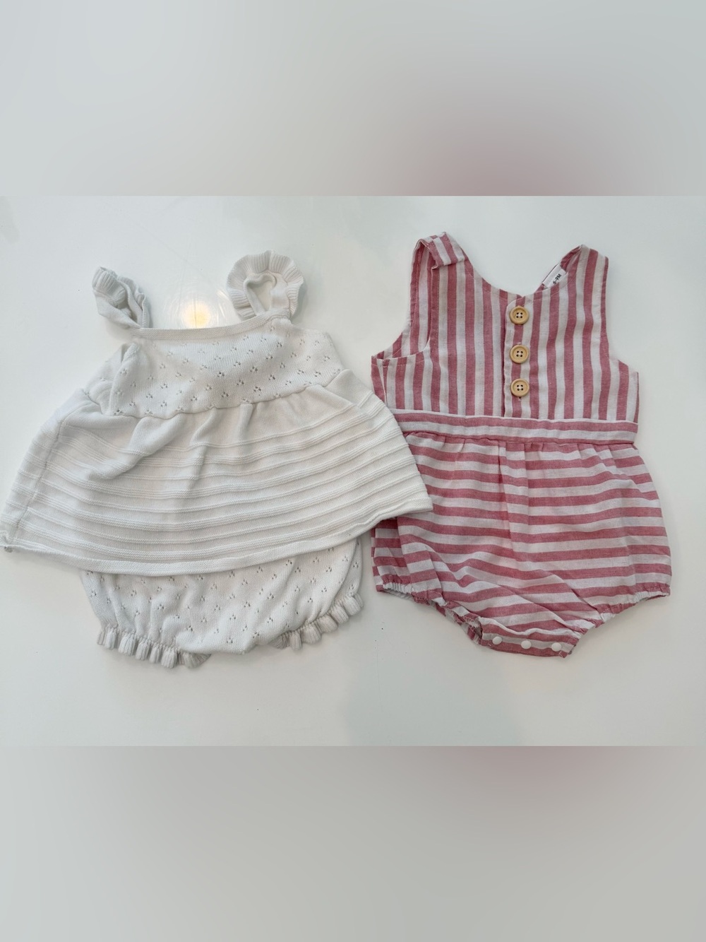 2 rompers - 6-9months stitch+bean White Knit Baby Romper, Pink Stripe Romper Set